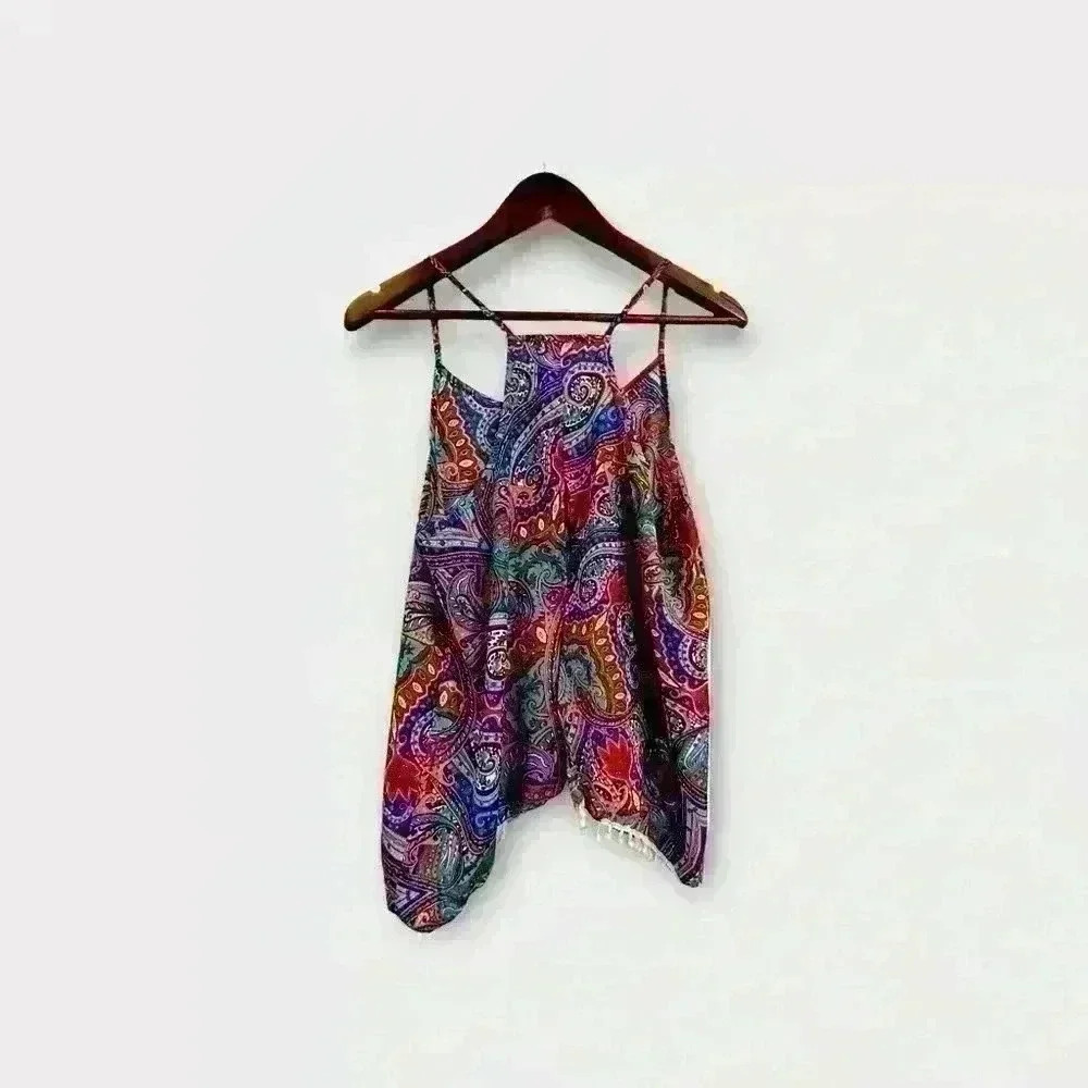 Love Blossom Boho Festival Split Hem Open Back‎ Flowy Mini Pom Pom Top Size L